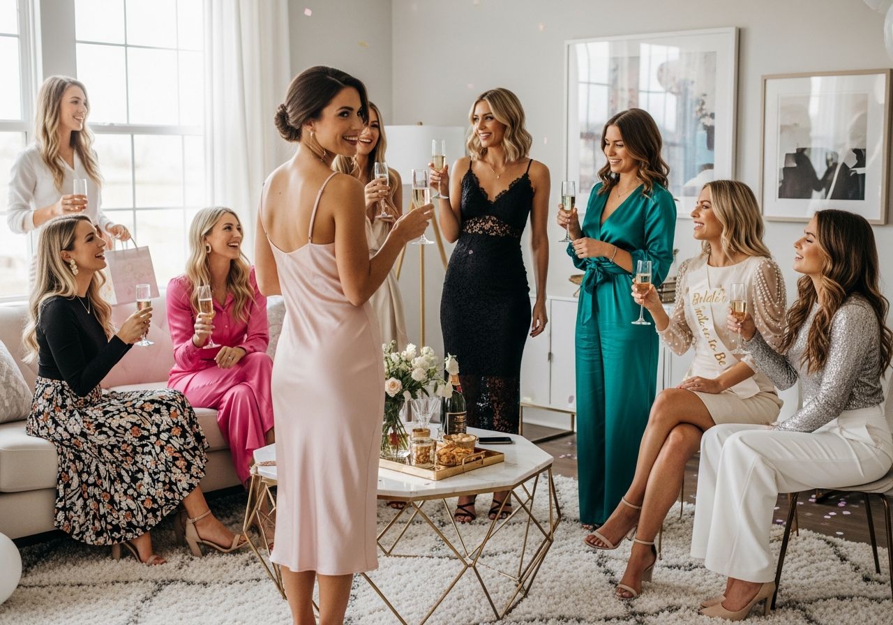 Skupina žien na rozlúčke so slobodou v modernom obývačkom priestore s pohármi šampanského.