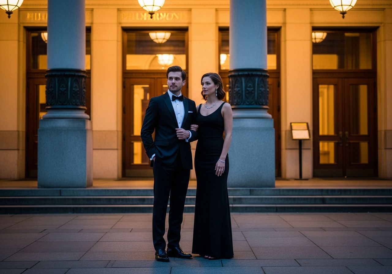 Elegantný pár pred filharmóniou v čiernom smokingu a dlhej večernej róbe pri večernom osvetlení