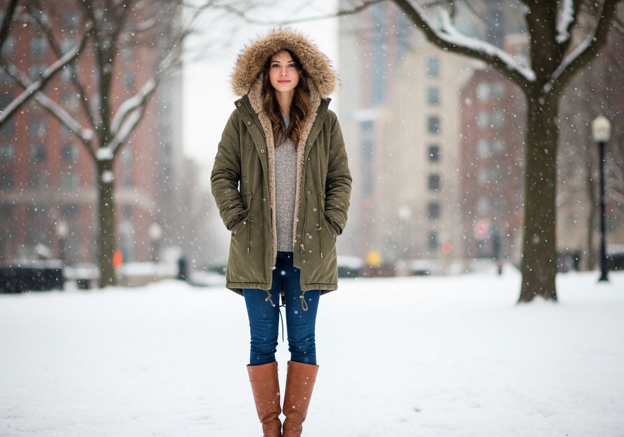 Štýlová žena v zelenom bundu v zasneženom parku s mestským pozadím.