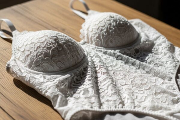 Detailný záber bielej čipkovanej body so vzorom kvetín na drevenom stole pri dennom svetle