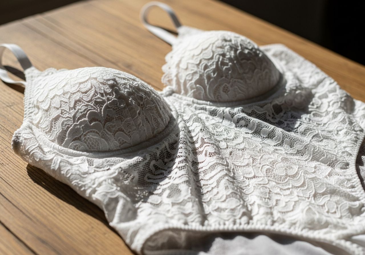 Detailný záber bielej čipkovanej body so vzorom kvetín na drevenom stole pri dennom svetle