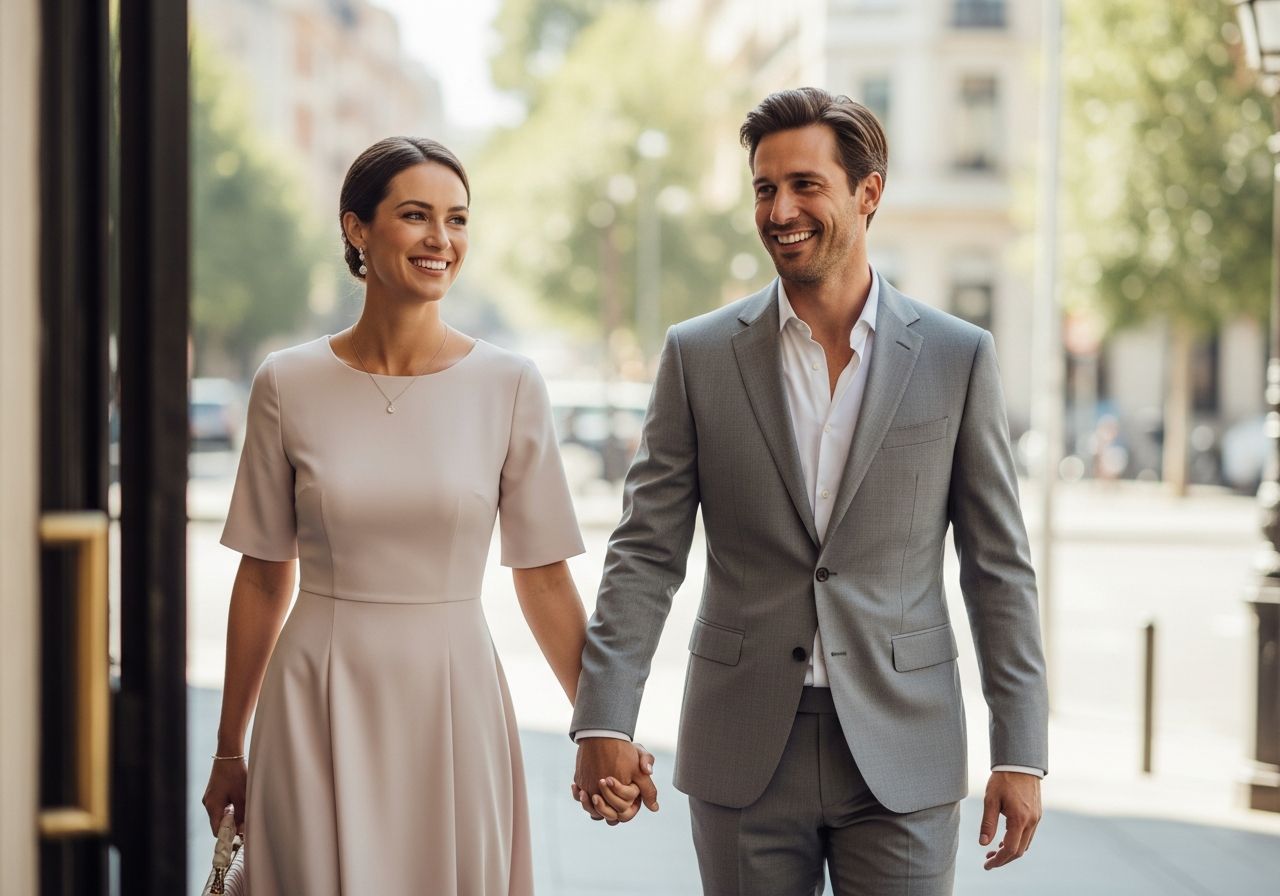 pár v elegantnom oblečení odchádza z úradu civilných sobášov držia sa za ruky mesto za nimi deň