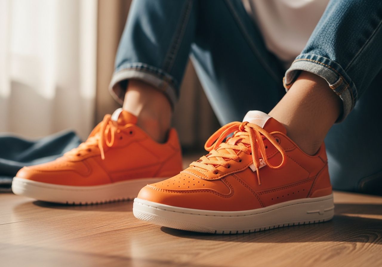 Oranžové tenisky na drevenej podlahe s častým oblečením, detail textúry a materiálu, denné svetlo
