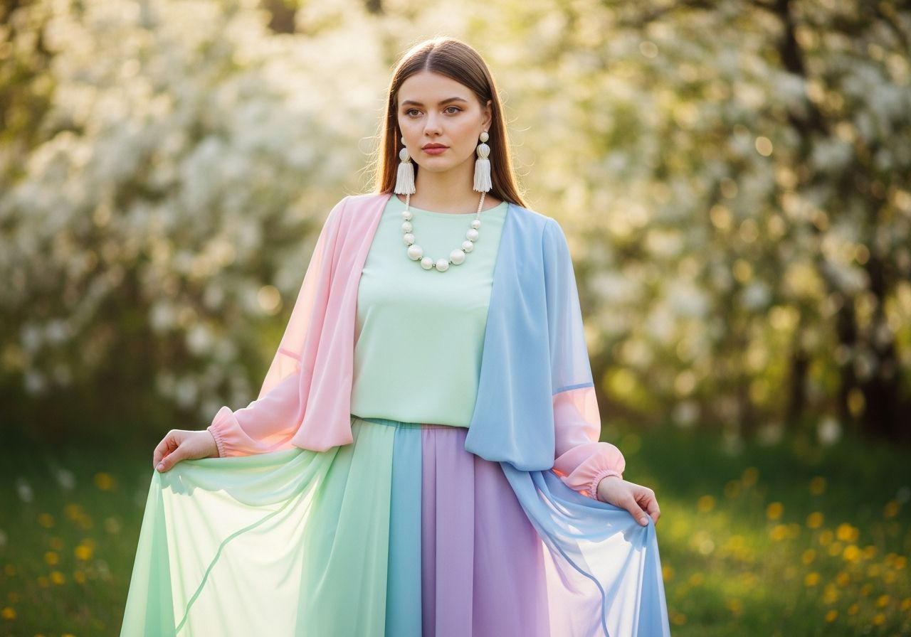 Mladá žena v pastelovom oblečení stojí v záhrade s kvetmi a zeleňou vo svetle jarneho slnka