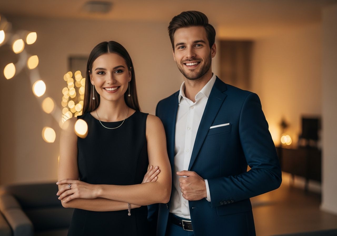 Mladý pár oblečený na párty stojí v moderne osvetlenej obývačke s oslavnou atmosférou.