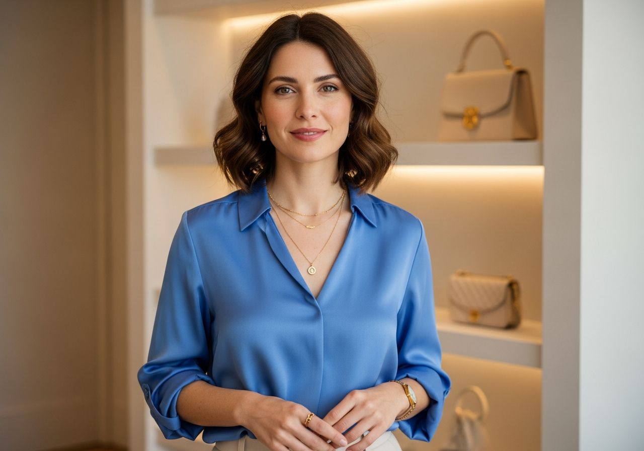 žena v modrej hodvábnej blúzke s jemným zlatým šperkom v modernom interiéri s tlmenými farbami