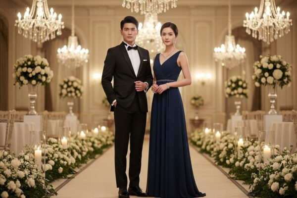 Muž v smokingu a žena v dlhej modrej večernej róbe na slávnostnej udalosti s lustrami a kvetmi