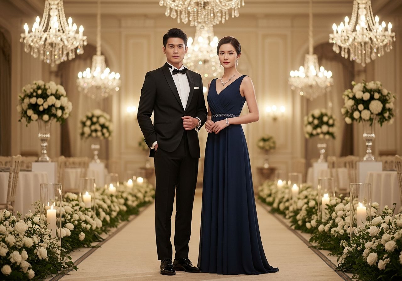 Muž v smokingu a žena v dlhej modrej večernej róbe na slávnostnej udalosti s lustrami a kvetmi