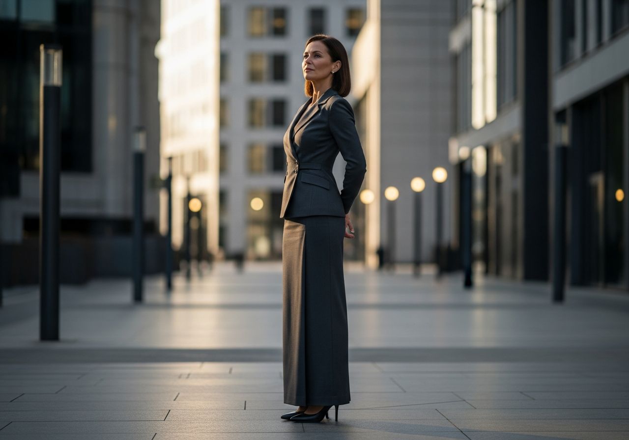 Žena v elegantnom oblečení stojaca v modernom mestskom prostredí so zreteľom na detaily látky.