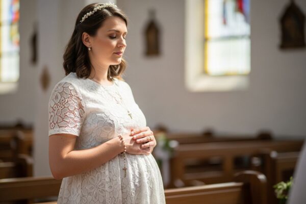Tehotná žena v bielych šatách na prvé sväté prijímanie v kostole s ružencom na ruke.