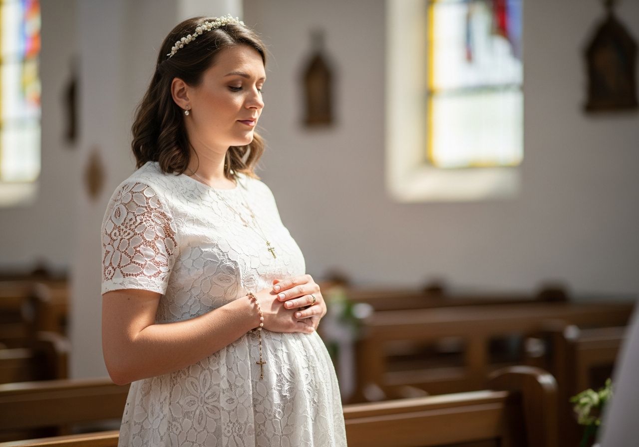Tehotná žena v bielych šatách na prvé sväté prijímanie v kostole s ružencom na ruke.