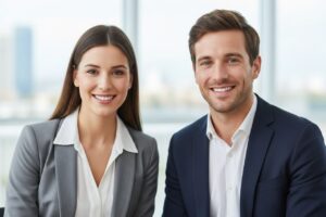 dôveryhodný mladý profesionál a žena v obchodnom oblečení sediaci vedľa seba v kancelárii