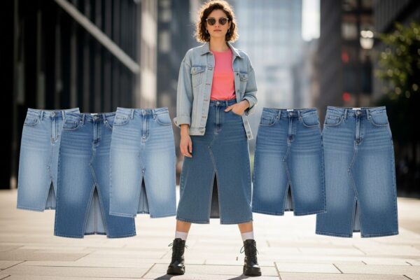 Mladá žena v rôznych rifľových sukňach stojí v mestskom prostredí s rozostreným pozadím.