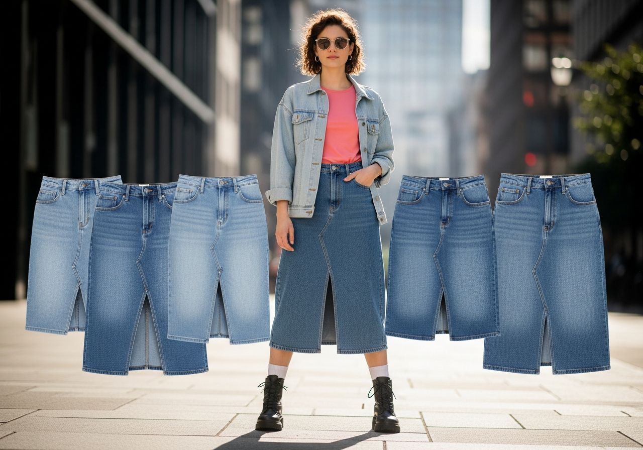 Mladá žena v rôznych rifľových sukňach stojí v mestskom prostredí s rozostreným pozadím.