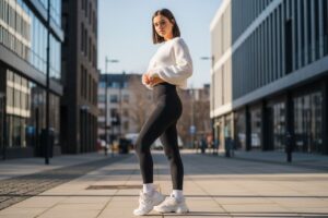 Mladá žena v čiernych legínach a bielom svetri stojí na ulici s modernými budovami v pozadí.