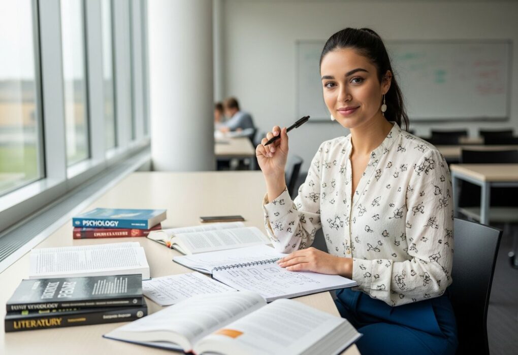 Mladá študentka sedí pri stole v triede so zápisníkom a učebnicami, sústredená na učenie.