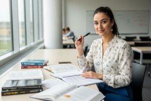 Mladá študentka sedí pri stole v triede so zápisníkom a učebnicami, sústredená na učenie.