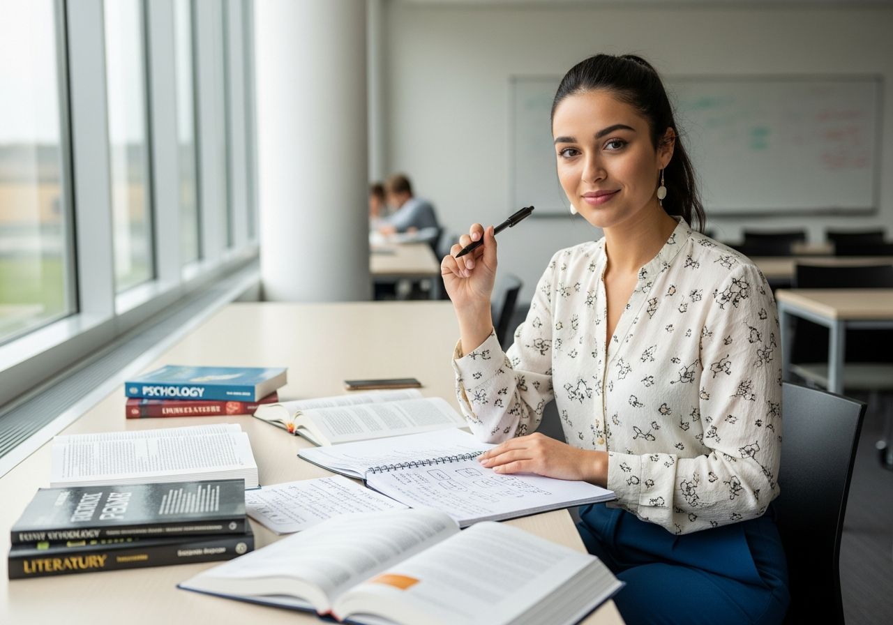 Mladá študentka sedí pri stole v triede so zápisníkom a učebnicami, sústredená na učenie.