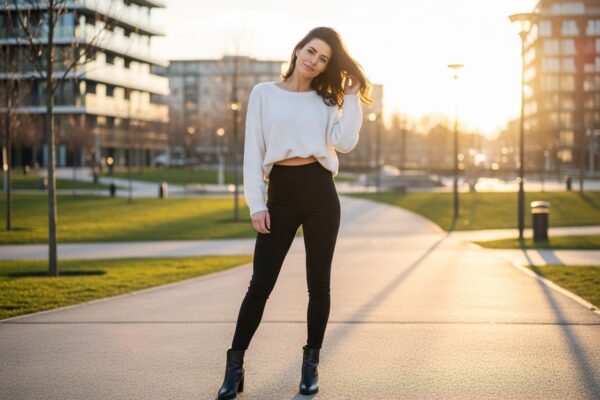 Módna žena v čiernych legínach a bielom oversized svetri v modernom mestskom parku za zlatú hodinu