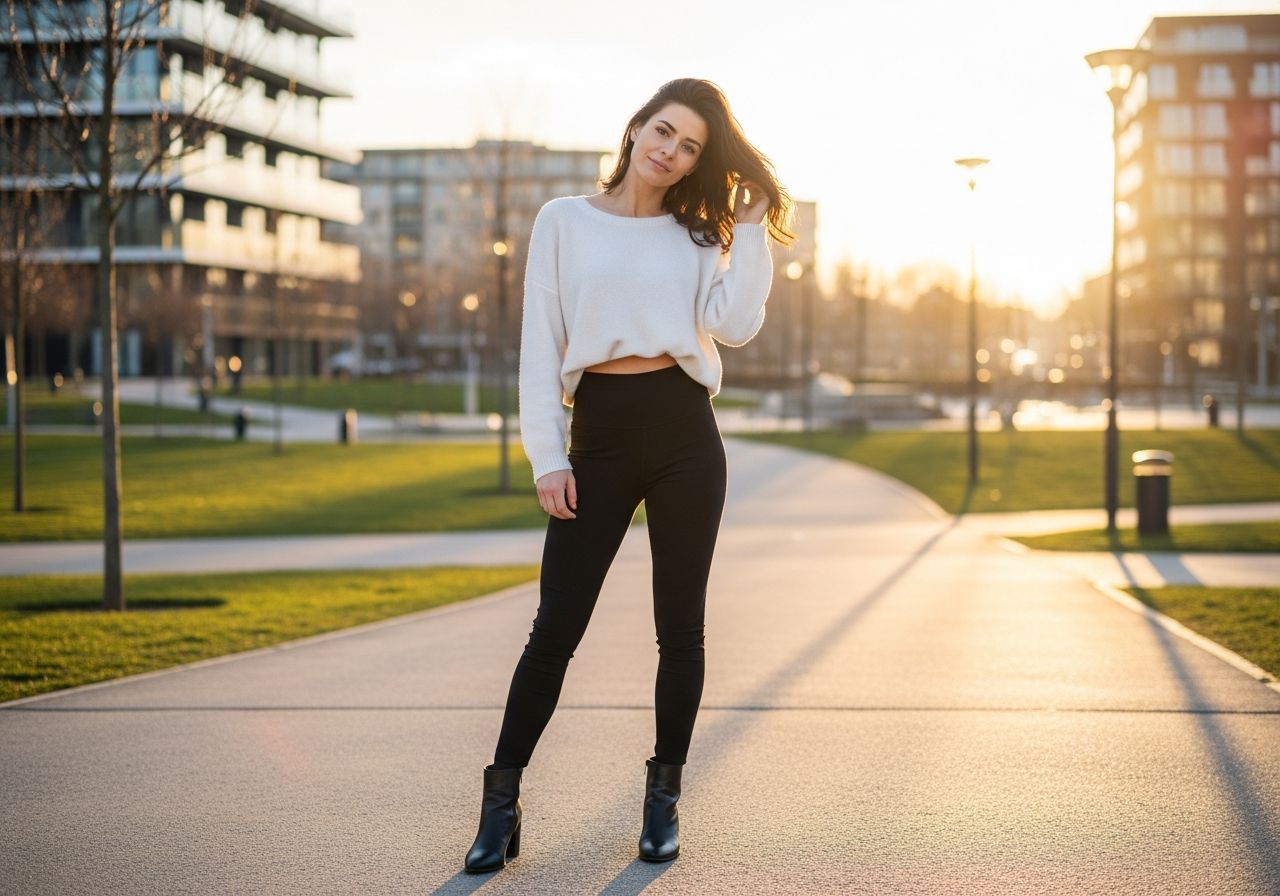 Módna žena v čiernych legínach a bielom oversized svetri v modernom mestskom parku za zlatú hodinu