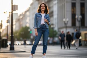 Mladá žena v džínovej bunde a teniskách stojí na meste, uvoľnená a sebavedomá.