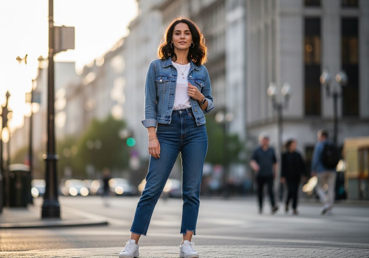 Mladá žena v džínovej bunde a teniskách stojí na meste, uvoľnená a sebavedomá.
