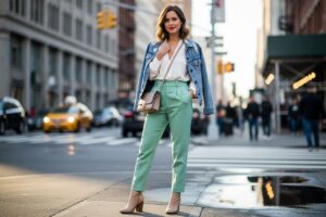 Žena v mentolových nohaviciach, bielej blúzke, rifľovej bunde a béžových členkových topánkach na ulici mesta.