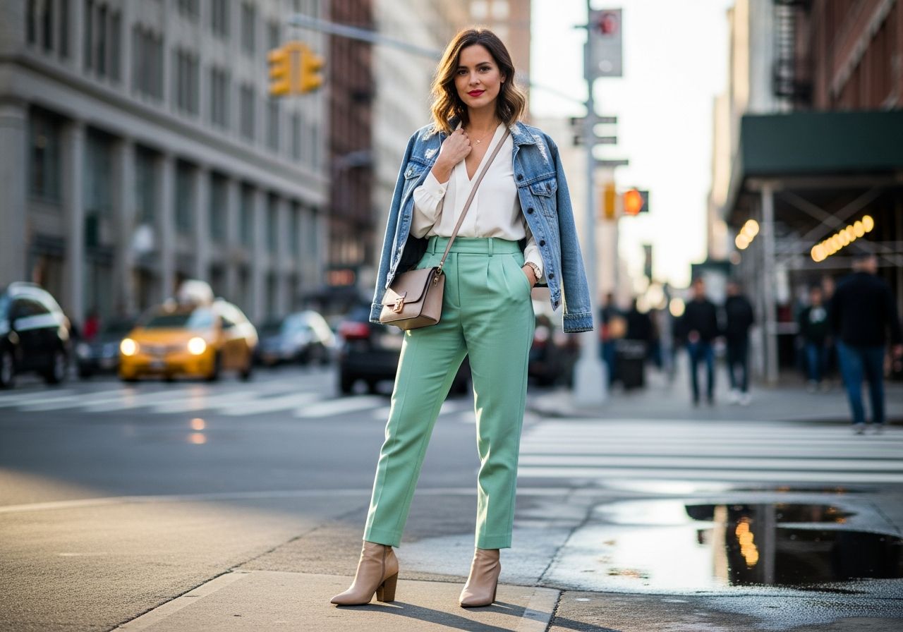 Žena v mentolových nohaviciach, bielej blúzke, rifľovej bunde a béžových členkových topánkach na ulici mesta.