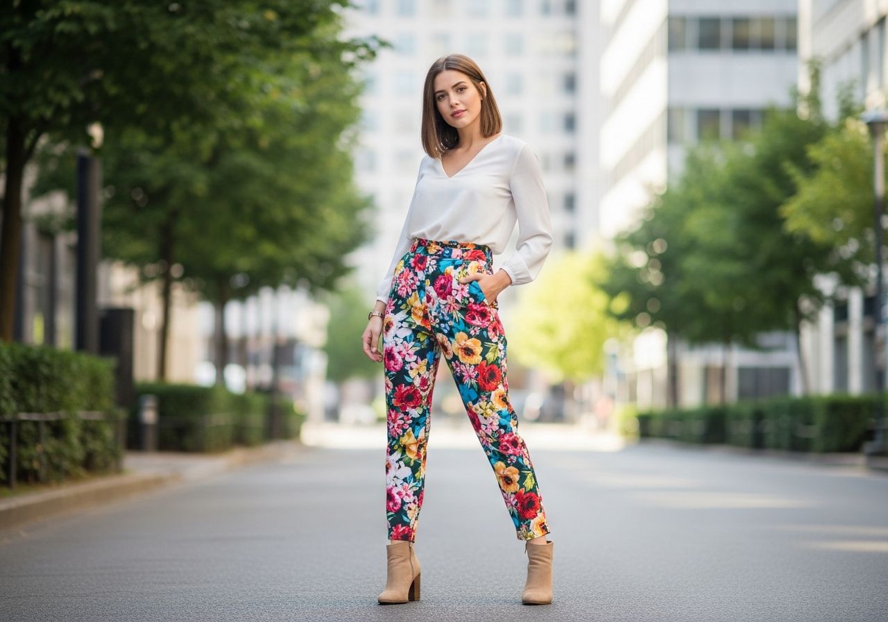 Mladá žena na ulici v kvetovaných nohaviciach a bielej blúzke, stojaca s rukou v vrecku.