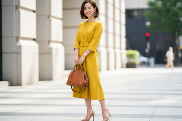 žena v žltých šatách s hnedou kabelkou a béžovými lodičkami v elegantnom mestskom prostredí