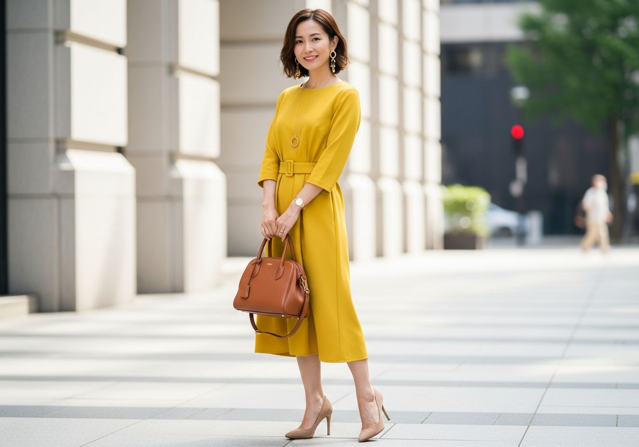 žena v žltých šatách s hnedou kabelkou a béžovými lodičkami v elegantnom mestskom prostredí