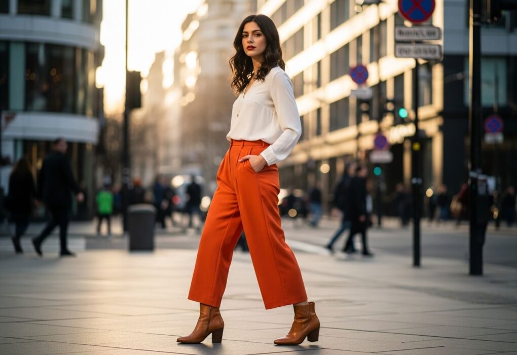 Žena v oranžových nohaviciach a bielej blúzke stojí na ulici za zlatou hodinu.