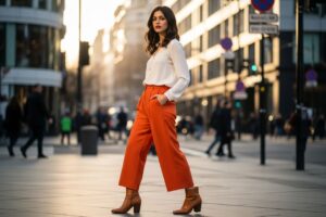Žena v oranžových nohaviciach a bielej blúzke stojí na ulici za zlatou hodinu.