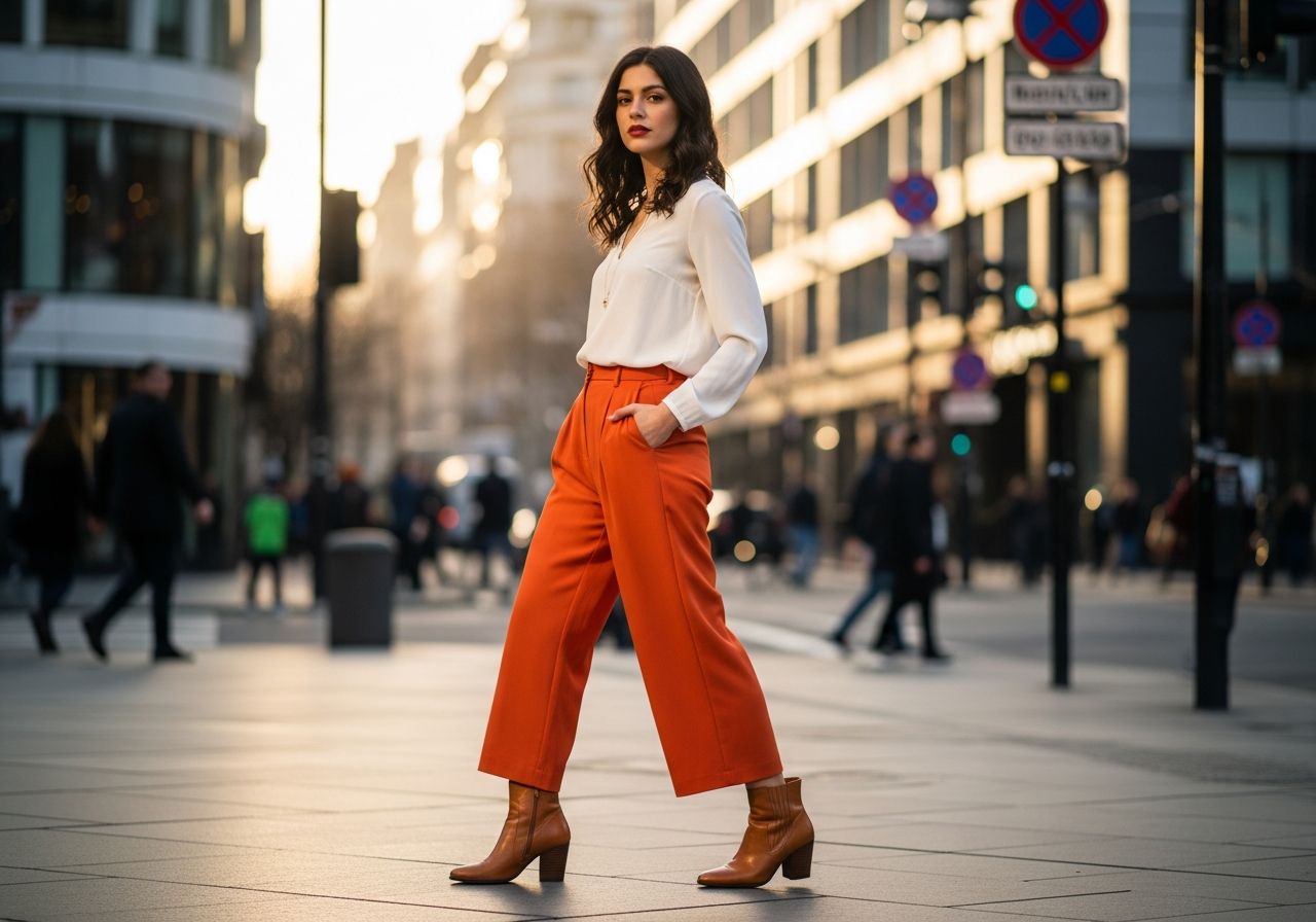 Žena v oranžových nohaviciach a bielej blúzke stojí na ulici za zlatou hodinu.