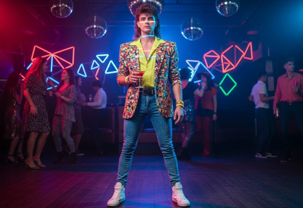 Muž v 80. rokoch oblečení v párty štýle stojí v retro klube s neónmi a koktailom v ruke.