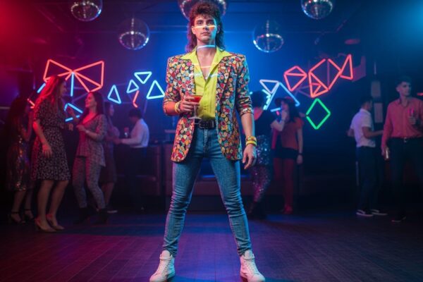 Muž v 80. rokoch oblečení v párty štýle stojí v retro klube s neónmi a koktailom v ruke.