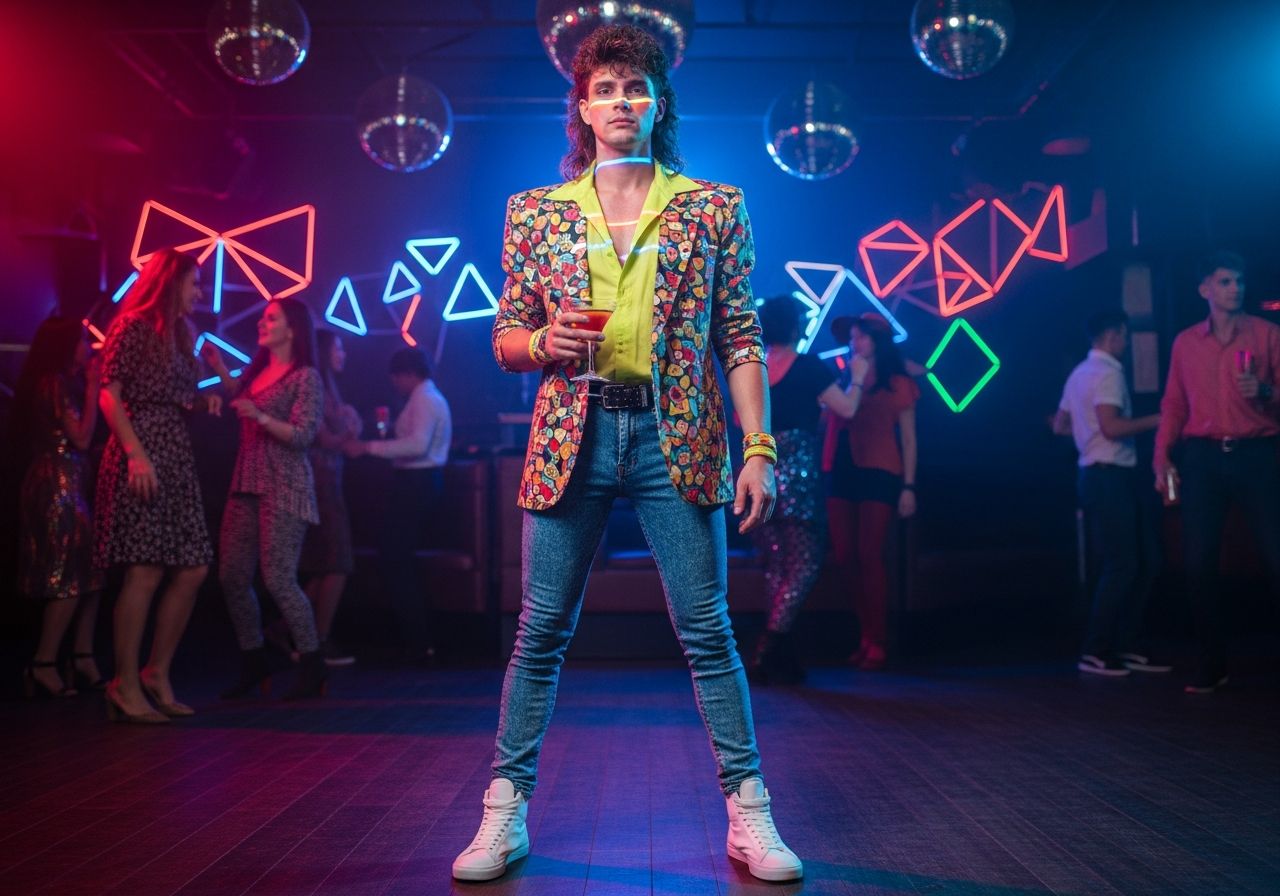 Muž v 80. rokoch oblečení v párty štýle stojí v retro klube s neónmi a koktailom v ruke.