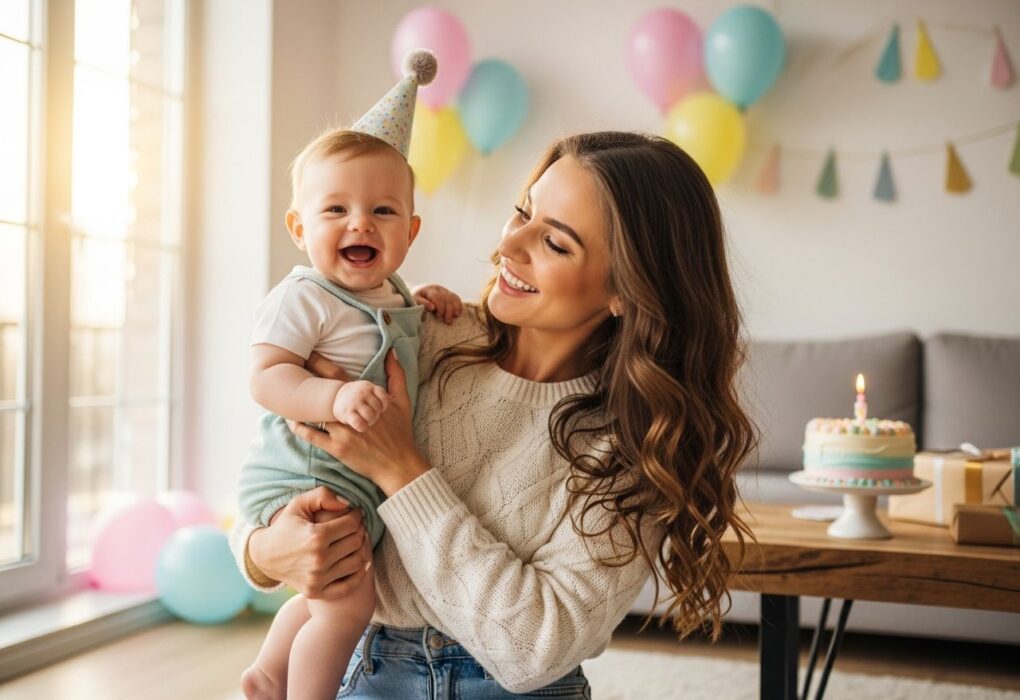 Mladá matka drží svoje šťastné dieťa v narodeninovej oslave v jasnej obývačke s balónmi a tortou.