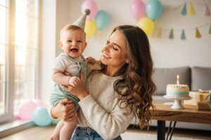Mladá matka drží svoje šťastné dieťa v narodeninovej oslave v jasnej obývačke s balónmi a tortou.