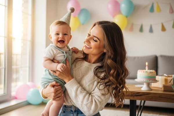 Mladá matka drží svoje šťastné dieťa v narodeninovej oslave v jasnej obývačke s balónmi a tortou.