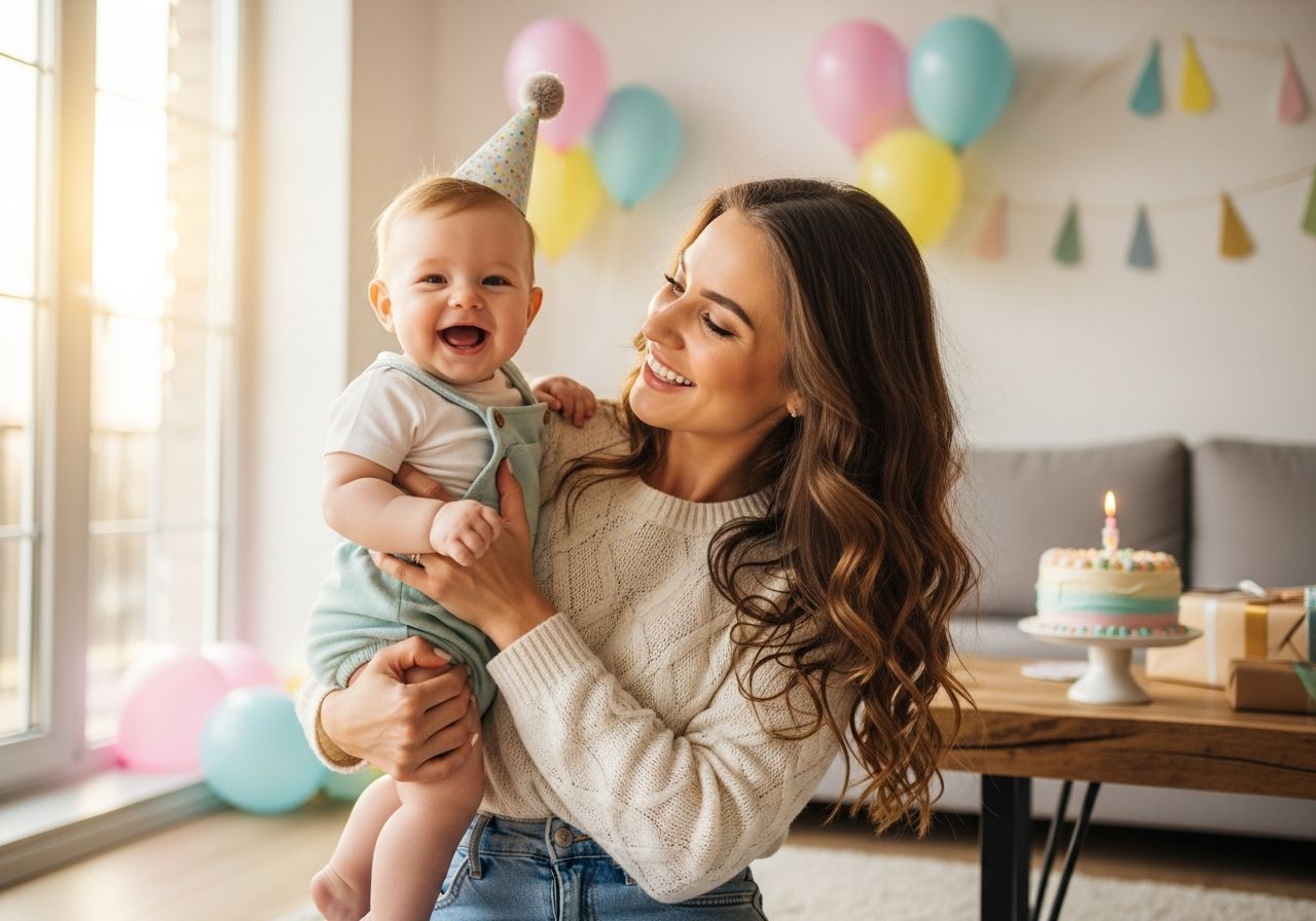 Mladá matka drží svoje šťastné dieťa v narodeninovej oslave v jasnej obývačke s balónmi a tortou.