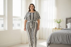 Sebavedomá plus size žena v modernom spálni v pruhovanom oblečení, usmievajúca sa pri prirodzenom svetle.
