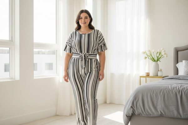 Sebavedomá plus size žena v modernom spálni v pruhovanom oblečení, usmievajúca sa pri prirodzenom svetle.