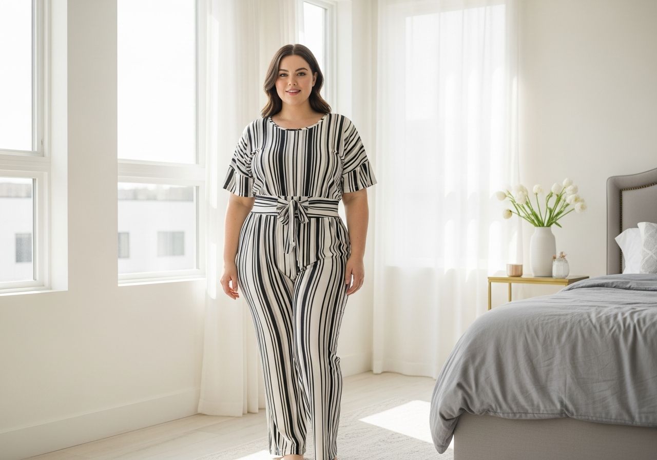 Sebavedomá plus size žena v modernom spálni v pruhovanom oblečení, usmievajúca sa pri prirodzenom svetle.