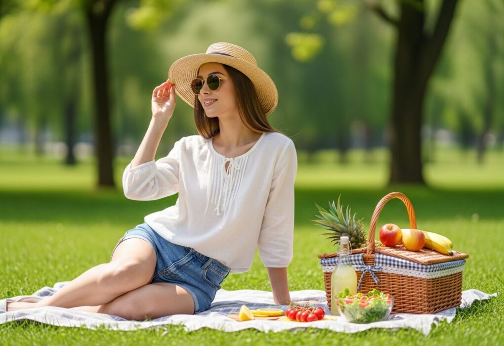 Mladá žena na piknikovej deke v parku s košíkom ovocia a limonádou, oblečená v bielom tričku a šortkách