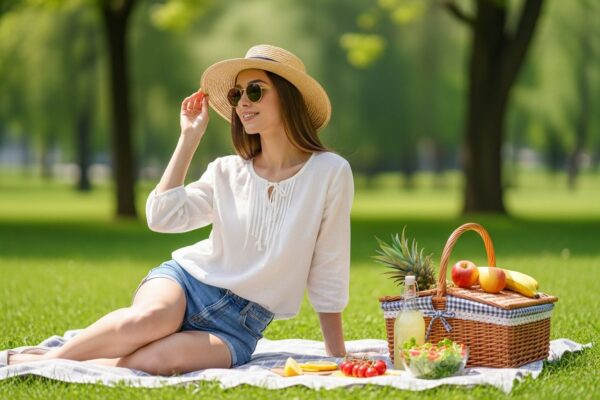Mladá žena na piknikovej deke v parku s košíkom ovocia a limonádou, oblečená v bielom tričku a šortkách