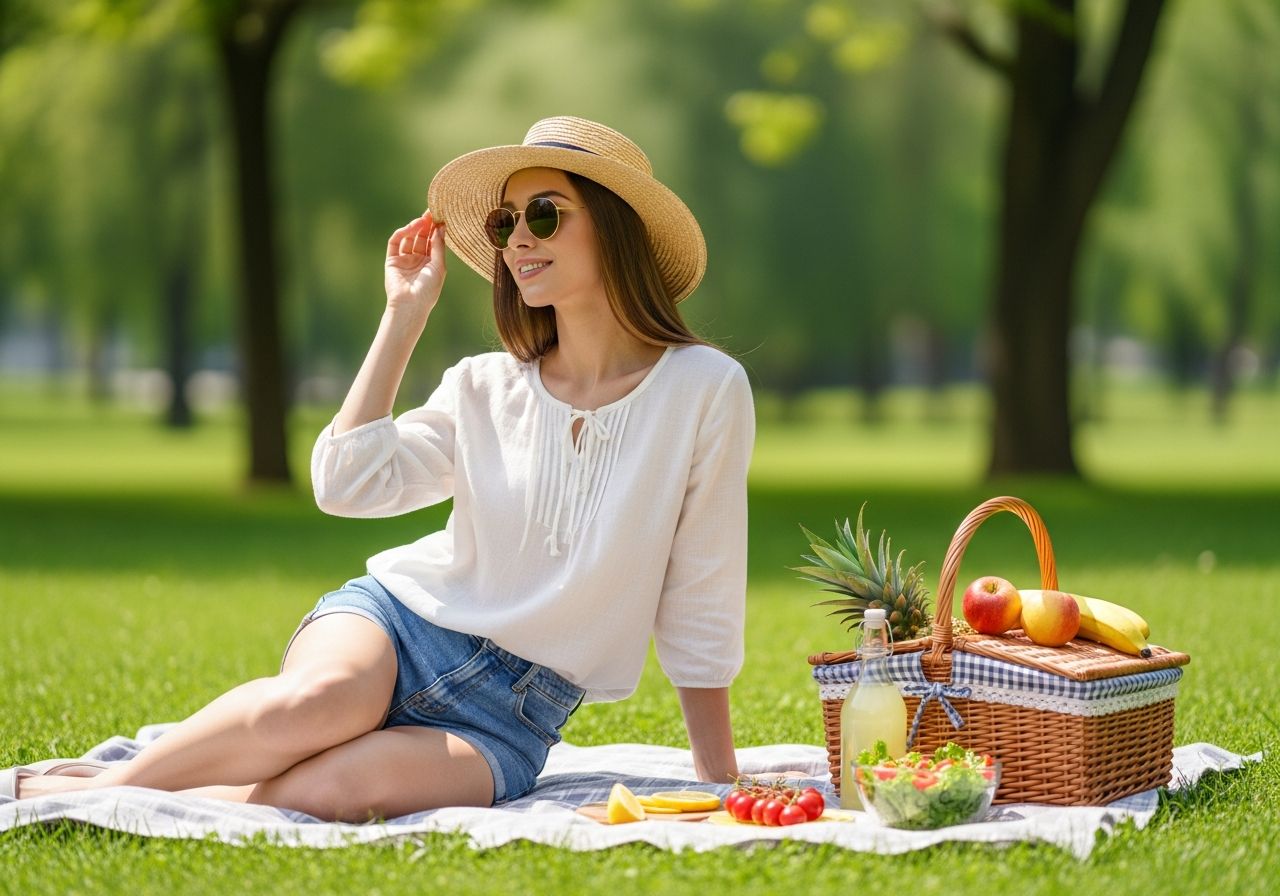 Mladá žena na piknikovej deke v parku s košíkom ovocia a limonádou, oblečená v bielom tričku a šortkách