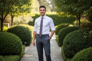 ženích v bielych košeli a slim fit nohaviciach stojaci vonku na svadbe v prírode